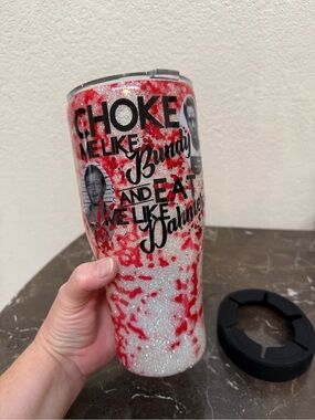 Bundy and Dahmer Glitter Blood Splatter 32 oz Tumbler Cup Coffee Caddy Handmade